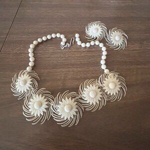 Vintage 1950s W. Germany White Plastic Flower Necklace Clip Earrings